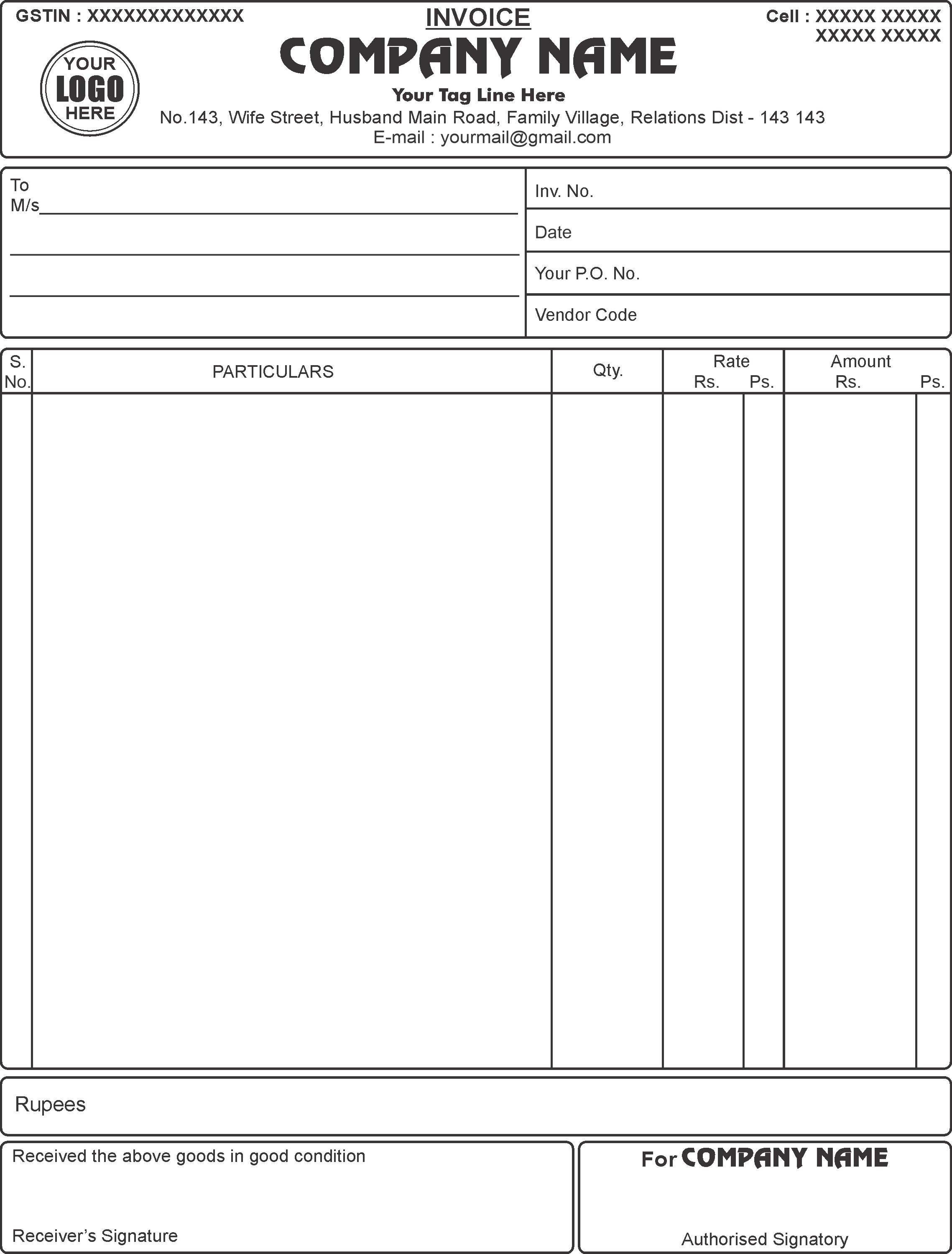 Normal Invoice 1 by 4 Size Printing Design